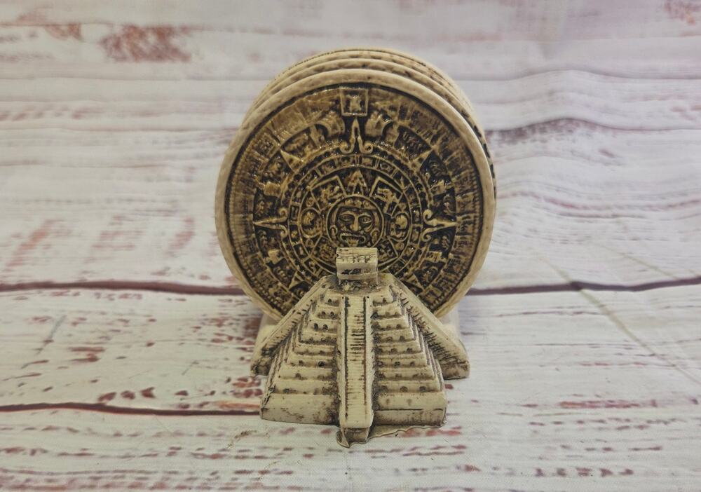 Aztec Mayan Calendar Pottery Coasters Set of 6 with Pyramid Holder